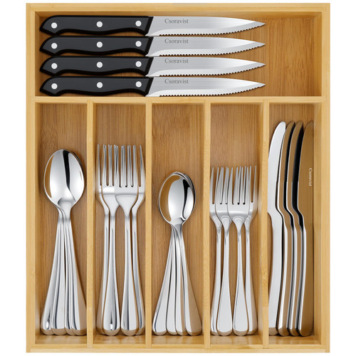 49-Piece Silverware Set with Bamboo Organizer,Flatware Utensil Set for 8