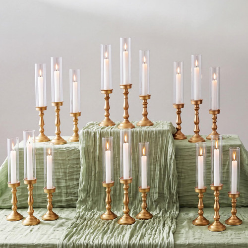Acellegic 18 Pcs Hurricane Glass Candle Holder Gold Taper Holder, 3 Sizes