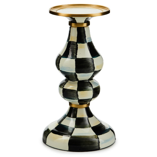 MACKENZIE-CHILDS Courtly Check Enamel Pillar Candlestick, Cute Black-and-White Pillar Candle Stand, Medium