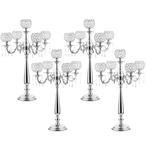 VINCIGANT4Sets 5 Arm Crystal Candelabra Centerpieces for Wedding,29.5Inches Tall Silver Metal Candlestick Holders with 5 Flower Bowl Holder for Anniversary Bathroom Party Home Decoration