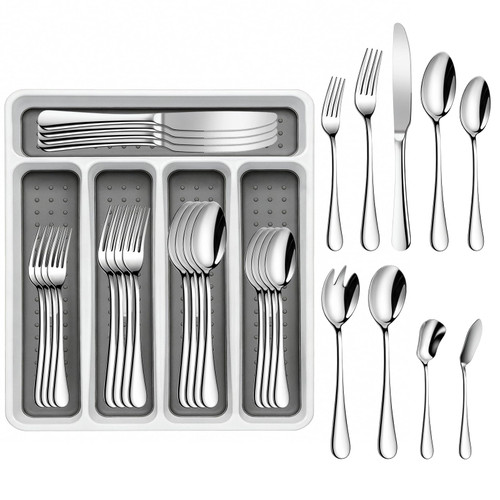 45-Piece Silverware Set with Organizer, Stainless Steel Flatware Set for 8