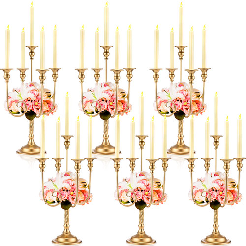 6 Pcs Gold Candelabra Candlestick Holder, 9.45 x 9.45 x 19.7 Inch, 5 Arm