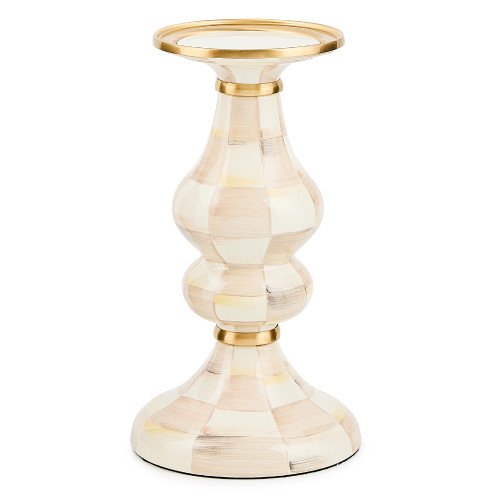 MACKENZIE-CHILDS Pillar Candlestick, Medium, Brown-and-White Mocha Check