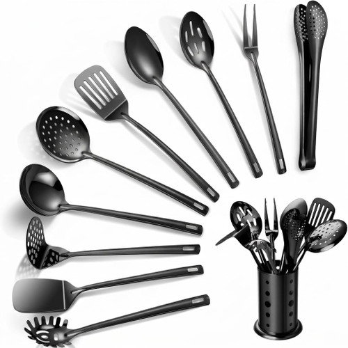 11-Piece Stainless Steel Kitchen Utensil Set with Holder - Includes Turners, Masher, Spatula, Spoons, Pasta Server, Tongs, Ladle