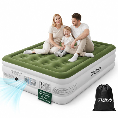 Zearna Full Size Air Mattress with Built in Pump, 18" Raised Comfort Air Bed, Upgraded Flocked Top Blow up Mattress with Carrying Bag, Inflatable Mattress for Guests & Home, AirBed, 650 lbs Max