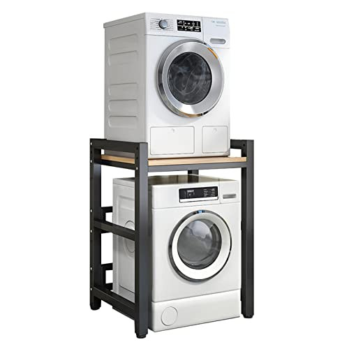 iumLeap Washing Machine Storage Rack,Adjustable Dryer Stand with 400KG Load Capacity Portable Stacking Kit for Over Washing Machine Storage Solution, Black Frame+Light Walnut