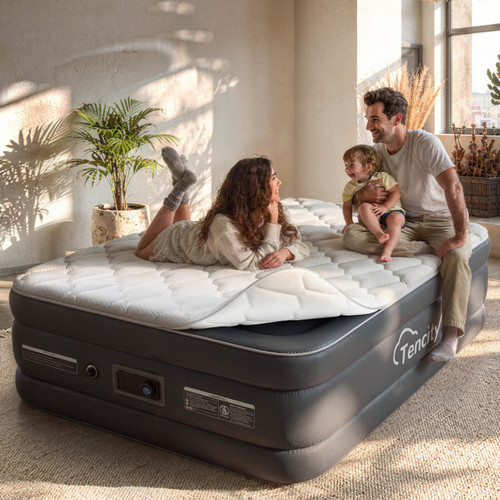 Tencity Queen Air Mattress, 20" Tall Luxury Inflatable Bed with Built in Pump, 3cm Removable Cotton Topper, Breathable Easy Clean Blow Up Bed for Home Guests Camping Travel, U-Shaped PVC Support