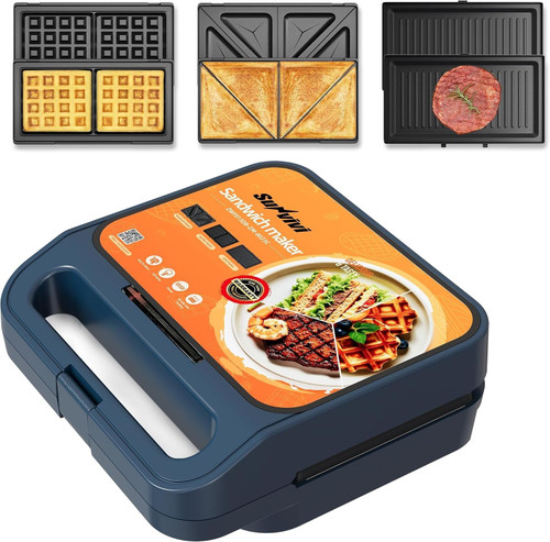 3 in 1 Waffle Iron with Removable Nonstick Plates, Fast Heating, Portable