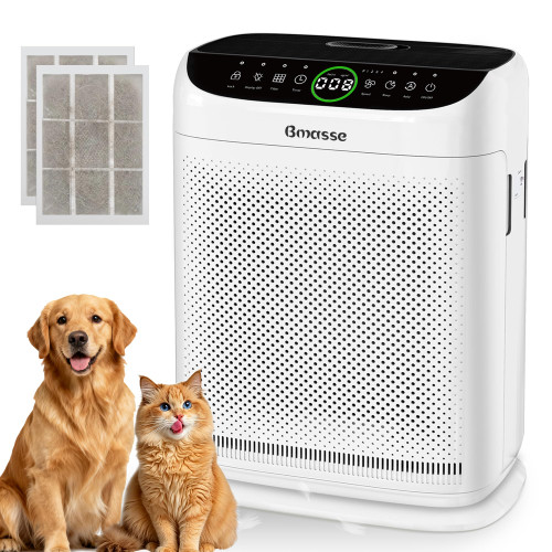 Bmasse Air Purifiers for Home Pets Large Room Up to 3000 Ft²,HEPA Air Cleaner with Washable Double-Side Filter, PM2.5 Air Quality Monitor,15dB Sleep Mode for Bedroom Odor Dust Pollen,White