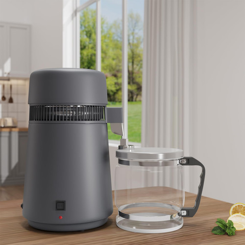 4L Countertop Water Distiller | 110V 750W Efficient Distilled Water Maker, Frosted Matte Grey Housing & Glass Pitcher