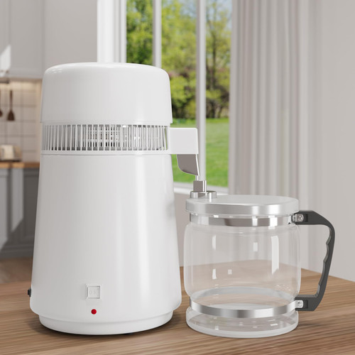 4L Countertop Water Distiller | 110V 750W Efficient Distilled Water Maker, White Housing & Glass Pitcher