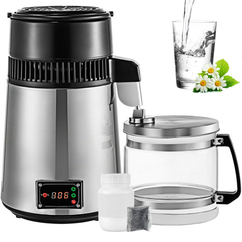 1.1Gal Water Distiller, 750W Distilled Water Maker Machine 0-99H Timing Set Temp Display, Glass Pot, Stainless Steel Interior Drinking Machine to Make Clean Water, Silver