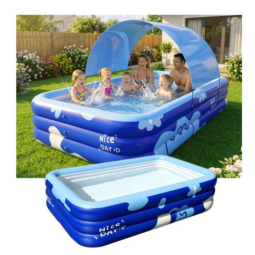 Inflatable Pool with Canopy for Adults, 118" x 69" Extra Large Blow Up Pool for Family Kids, Thickened Swimming Pool for Backyard Patio, 3-4 Mins Fast Inflation Pump Included