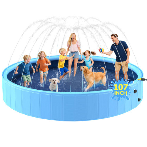 Bilibara 107'' Foldable Dog Pool, Extra Large Sprinkler Pools for Kids, Non-Slip Heavy Duty Dogs Pool for Large Dogs, Hard Plastic Kiddie Bathtubs for Backyard(9ft)