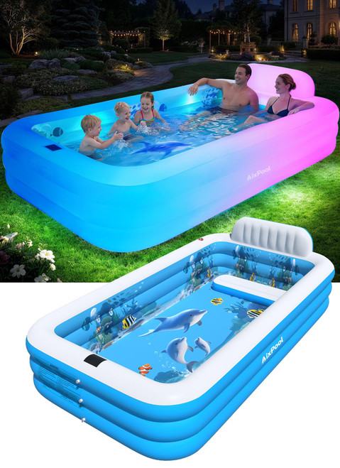 AixPool Extra Large Inflatable Pool with Light,Solar Blowup Pool120x73x20IN
