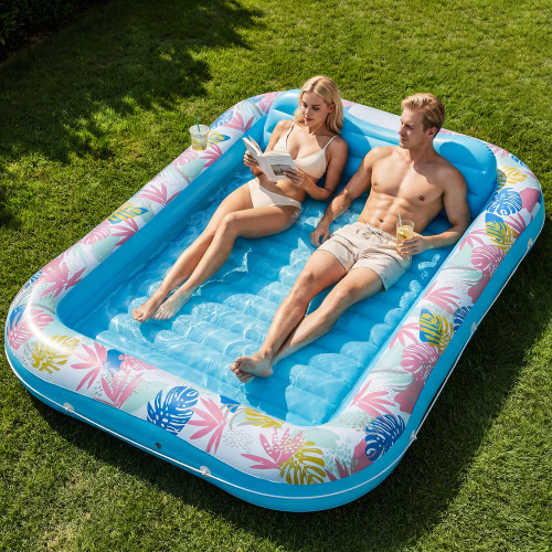 OKSUWATER Inflatable Tanning Pool Lounger, 87" x 63", Extra Large, Blue