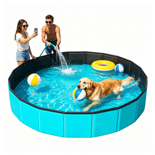 HAIKE Foldable Dog Pool, Collapsible Pet Bath Tub, Portable Wading Pool for Small Medium Large Dogs Cats Kids, Swimming Pools Indoor Outdoor Backyard Use, Quick Drain Outlet, Blue 39.3x11.8 Inch