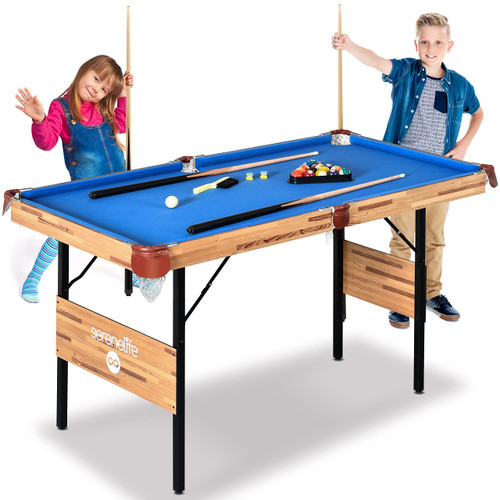 SereneLife 4.5ft Folding Pool Table, 54in Portable Foldable Billiards Game Table for Kids and Adults with Accessories, Indoor and Outdoor Game with Sticks, Cue, Balls and Triangle