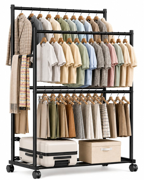 Tujurich Clothes Rack - 36.2" x 21.3" x 72", 4-Bar Double Rod Rolling Metal Clothing Rack for Hanging Clothes, Portable Garment Rack with Wheels for Bedroom Laundry, Closet Wardrobe, Black