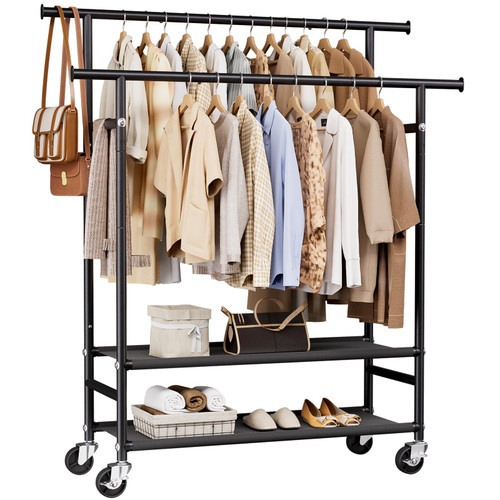 HYSEYY Clothes Rack,Double Rods Rolling Clothing Rack for Hanging Clothes,Portable Garment Rack with 2-Tier Storage Shelves,Free Standing Wardrobe Closet Coat Rack on wheels for Bedroom,Laundry Room