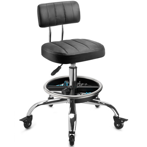 LWADALN Garage Mechanic Stool with Backrest, Height Adjustable Heavy Duty Swivel Task Chair, Rolling Workshop Stool with Tool Tray Storage, Mechanic Chair for Garage, Shop, Auto Repair (Black)