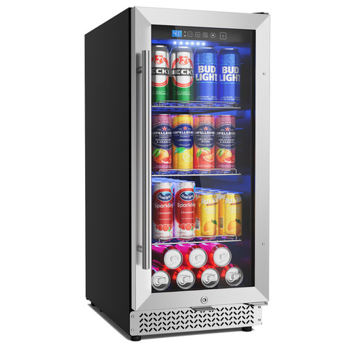 Vushine 15 Inch Beverage Refrigerator, 100 Can Under Counter Beverage Fridge with Glass Door Built-in or Freestanding, Drink Fridge for Soda Beer Wine-Kitchen Bar Office