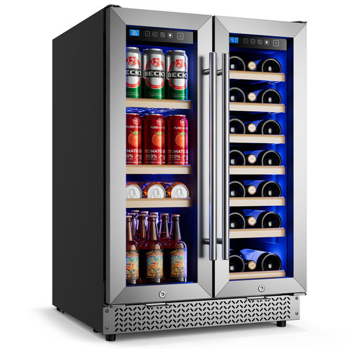 Vushine 24 Inch Wine and Beverage Refrigerator, 85 Cans and 18 Bottles Dual Zone Wine Fridge with Glass Door Built in or Freestanding, Under Counter Refrigerator for Soda Beer Wine-Kitchen Bar Office