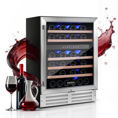 BODEGA 24 Inch Wine Fridge, 46 Bottle, 41–72°F, Dual-Zone Temp Control.