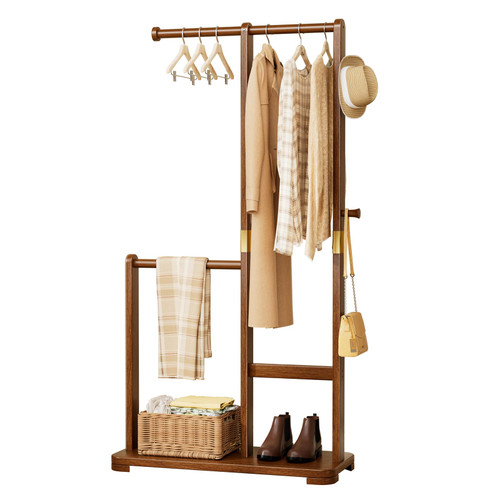 Wamhom Solid Wood Coat Rack Freestanding Double Rod Clothes Rack Space Saving