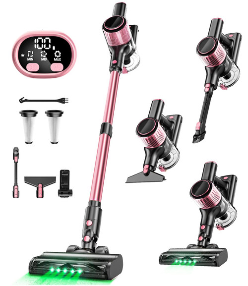 VICEASE Cordless Vacuum Cleaner, 8 in 1 Powerful Suction Lightweight Vacuum Cleaner for Home, LED Display, 3 Suction Modes, 45Mins Detachable Battery Stick Vacuum for Hard Floor Carpet Pet Hair, Pink