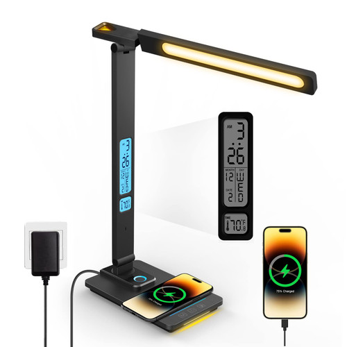 LAOPAO LED Desk Lamp with Wireless Charger: Desk Lamps for Home Office Bedroom, 5 Color Modes & Brightness Dimmable, 2 Night Light