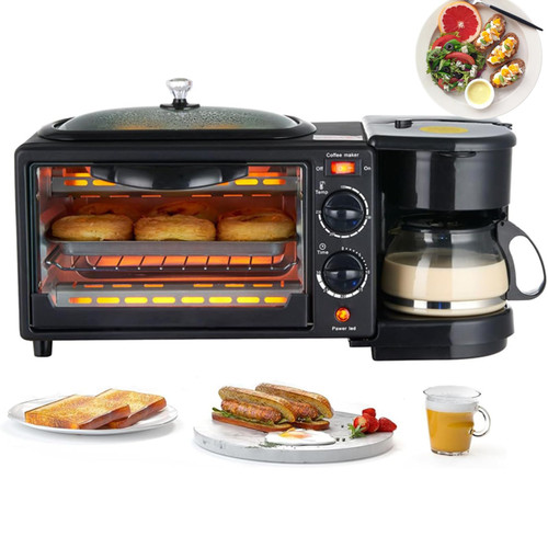 3-in-1 Breakfast Maker Station with Coffee, Non-Stick Pan & Toaster Oven, Portable Oven for Apartments, Kitchenettes & Dorms, 30-min Timer, Versatile Breakfast Maker