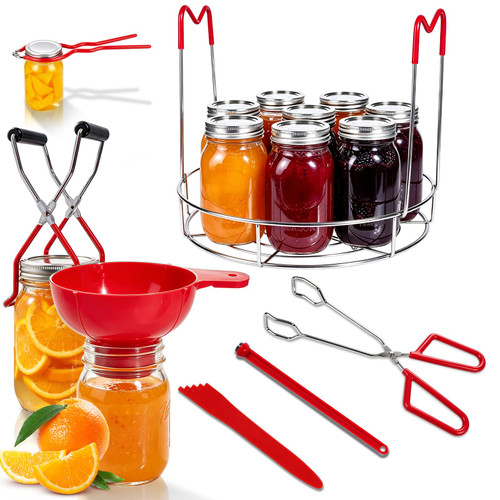 7 PCS Stainless Steel Canning Supplies Kit, Complete Canning Tools Set Includes Steamer Rack, Jar Lifter, Wrench, Funnel, Tongs, Bubble Remover, Lid Lifter, for Jams, Pickles, Fruits Canning