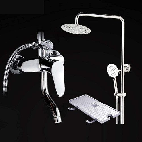 LASEVE Shower Head Chrome Plated Bathroom Mixer Shower Tap System Stainless Steel Ultra Thin Rain Shower Head with Shelf Cold and Hot Limestone Resistant Bath Shower Mixer Set Shower System Round
