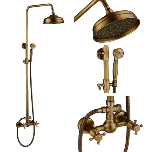NMDCDH Shower System Antique Shower Faucet Mixer Tap with 8 Rainfall Shower Head Dual Handle Bath Shower Kit Height Adjustable,Antique Brass 03
