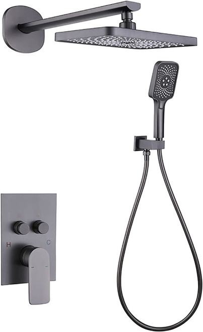 GTFDXJ Rainfall Shower System with 12 inch Rain Shower Head and Handheld Spray Shower Faucet Set Wall Mounted Rain Mixer Shower Combo Set 2 Functions Shower Fixture, Gun Gray