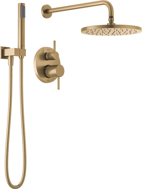 Delta Modern 14 Series Round Rain Shower System Faucet Set, Rainfall Brushed Gold Shower Head and Handle Set, Valve Trim Kit, 10 Inch, Champagne Bronze 342702-CZ
