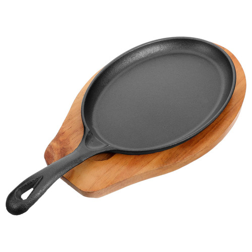 Cast Iron Frying Pan Flat Bottom with Wooden Board, Steak Egg Skillet