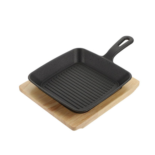 Gadpiparty Square Cast Iron Frying Pan for Steak Searing with Wooden Board