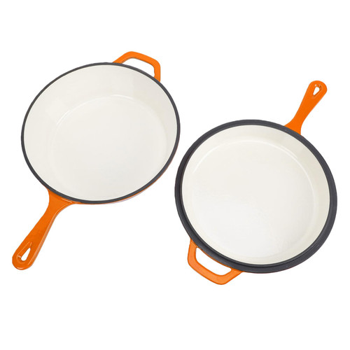 Jiawu 10.2in Enameled Cast Iron Frying Pan Nonstick Skillet with Lid for Versatile Kitchen Cooking (Orange)