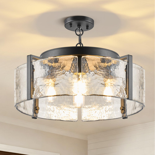 Black Chandelier for Dining Room Light Fixture 20" Glass Drum Chandelier