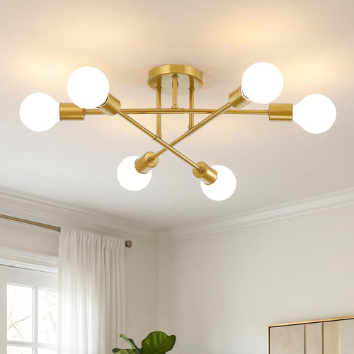YKLITG Gold Sputnik Chandelier 6-Light, 22"Mid-Century Modern Ceiling Light