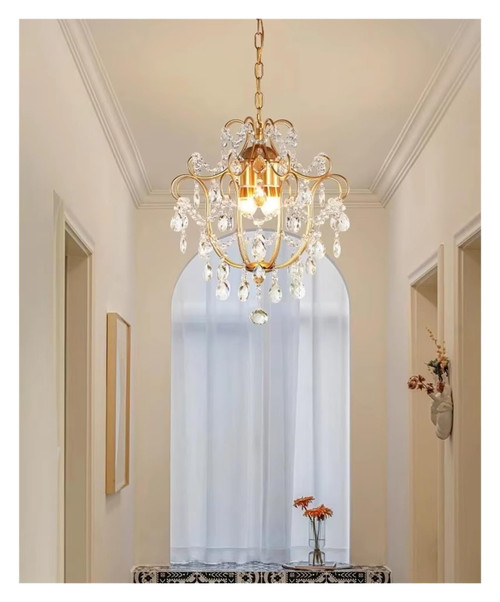 Retro Crystal Chandelier Restaurant Hanging Lamp Room Balcony Luxury Bedroom Parlor Light Fixture Golden Pendant Light
