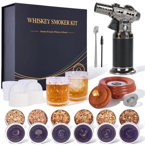 Whiskey Smoker Kit with Torch, 18-Piece Old Fashioned Smoker Kit with 6 Wood Chips, 2 Heavy 10 oz Glasses & 2 Ice Ball Molds, Bourbon Cocktail Smoker Gift Set for Men Dad Husband Father, No Butane
