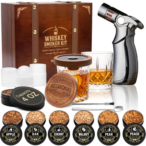 Cocktail Smoker Kit with Torch and 2 Glasses, 4oz Wood Chips 6 Flavors