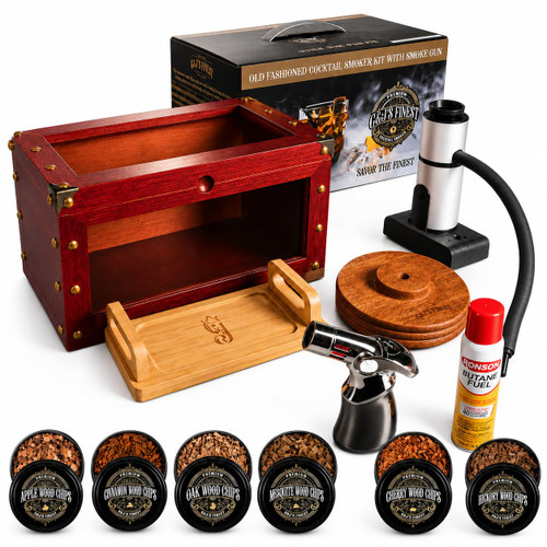 Cocktail Smoker Box with Torch & Butane — Whiskey Smoker Kit, 4-Flame Torch, 6 Flavor Wood Chips, 2 Windows — Old Fashioned Bourbon Smoker Kit, Gifts for Men, Dad, Whiskey Lovers, Bartenders