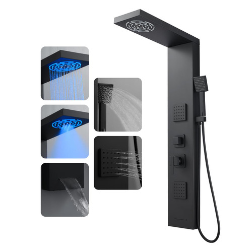 ROVOGO Shower Panel Tower System W/Led Lights, 5 Shower Modes, Matte Black