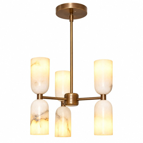 Modern Alabaster Chandelier, 6-Light Brass Ceiling Light Fixture, Marble Look Stone Shade Pendant Lighting, Mid-Century Hanging Chandelier for Dining Room, Living Room, Bedroom & Kitchen Island