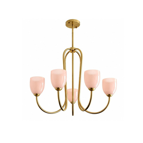 THJS8 French Gold Branch Chandelier, Pink Glass Decorative Fixture 68 cm