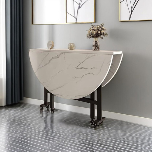 Extendable Round Marble Dining Table on Wheels - Space-Saving, Movable Design for Small Apartments & Dining Rooms - Perfect for Modern Living Spaces